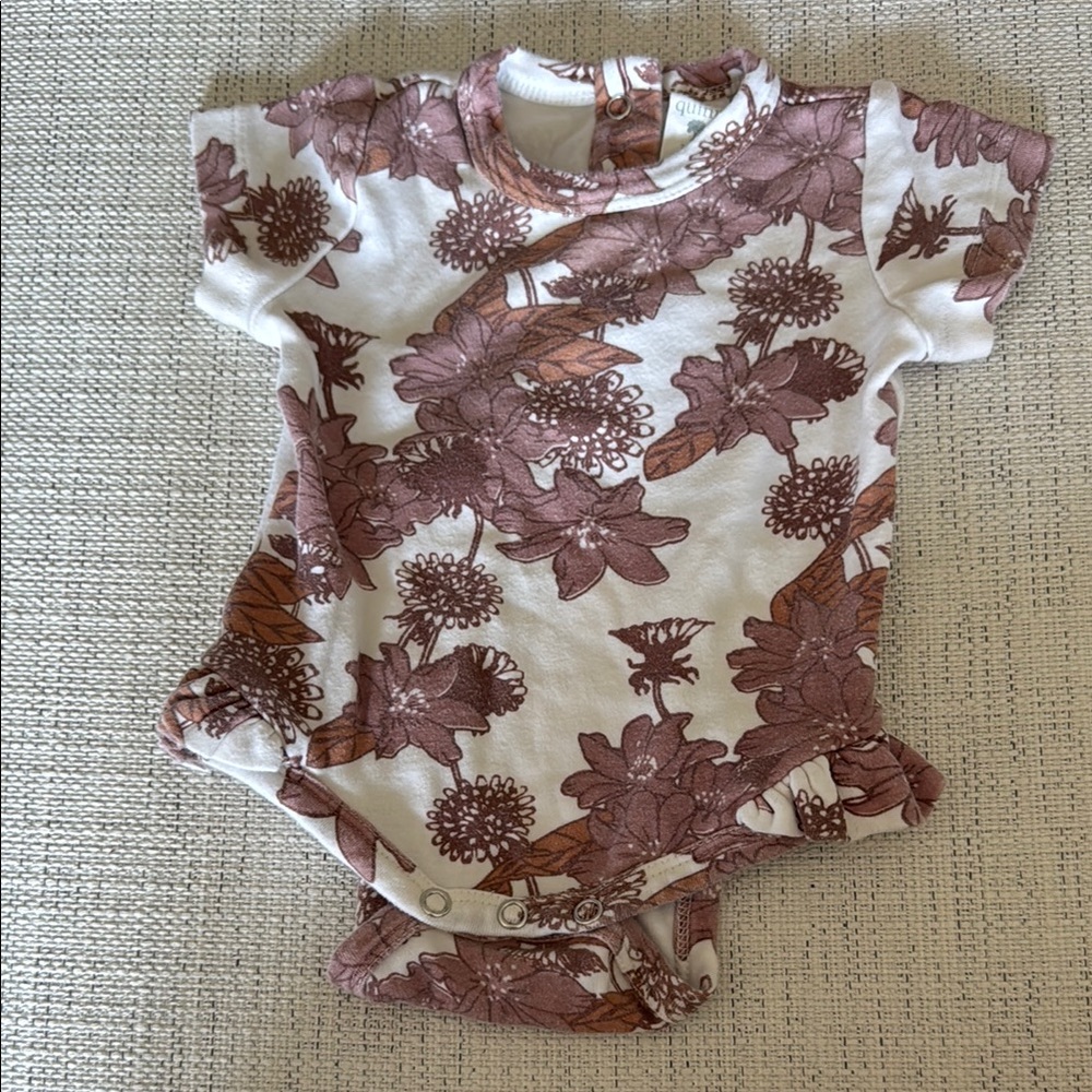 Kate Quinn Brown and White Floral Baby Onesie